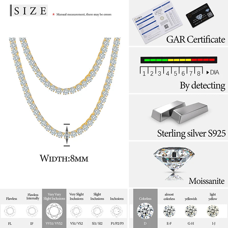 8mm-10mm High-Quality VVS1 Moissanite Tennis Necklace