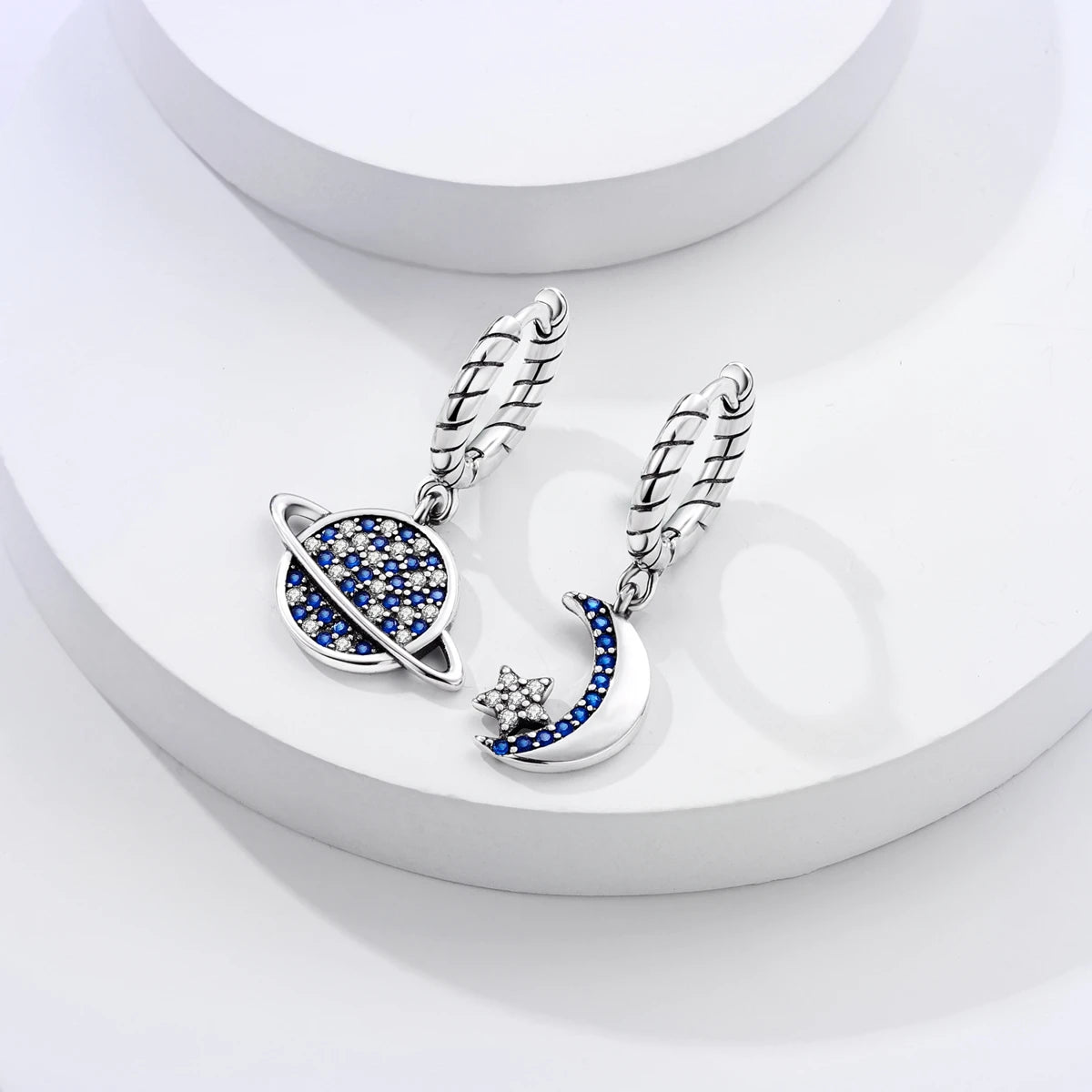 Sterling Silver S925 Blue Planet Moon Zircon Earrings