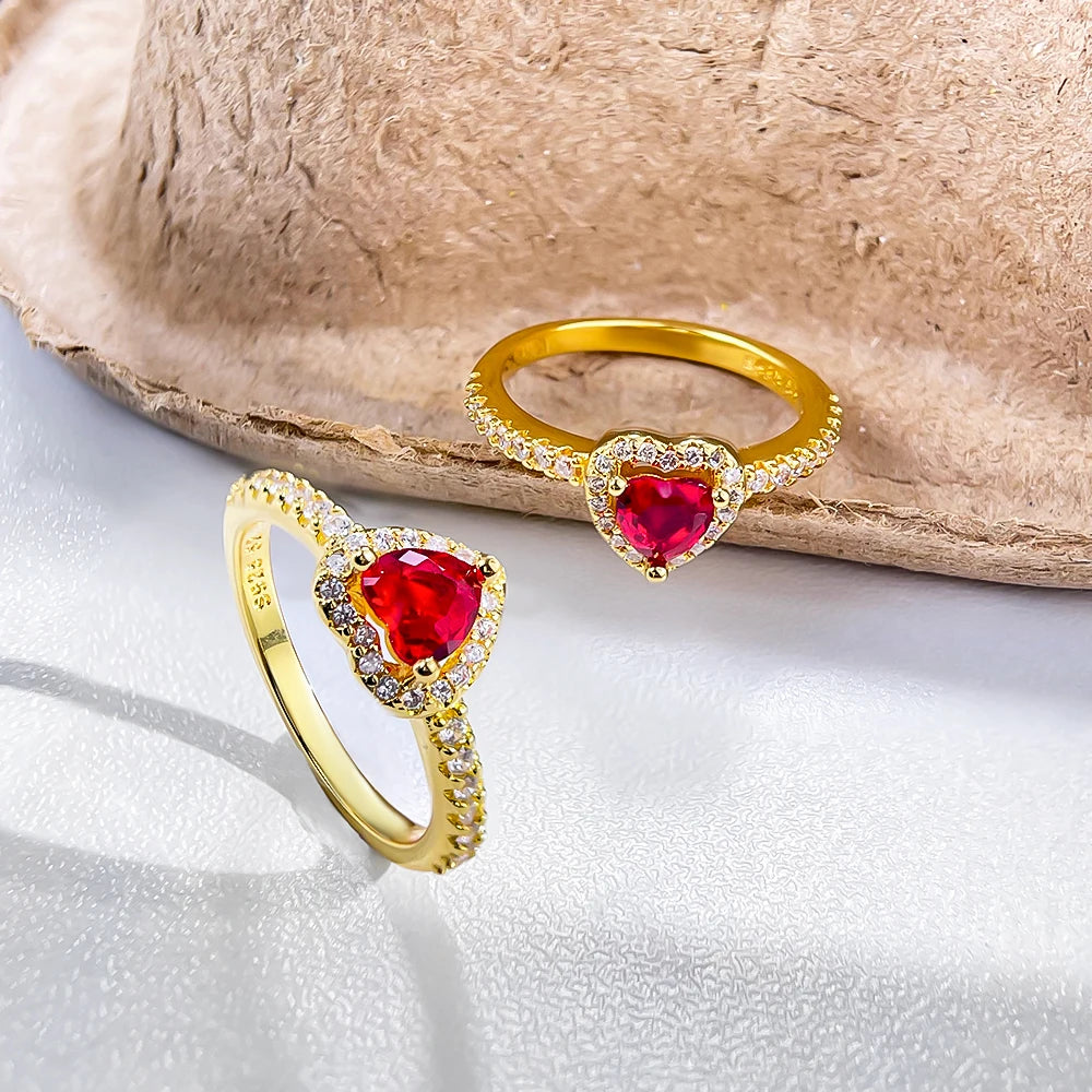 Women 925 Sterling Silver Red Ocean Heart Zircon Rings