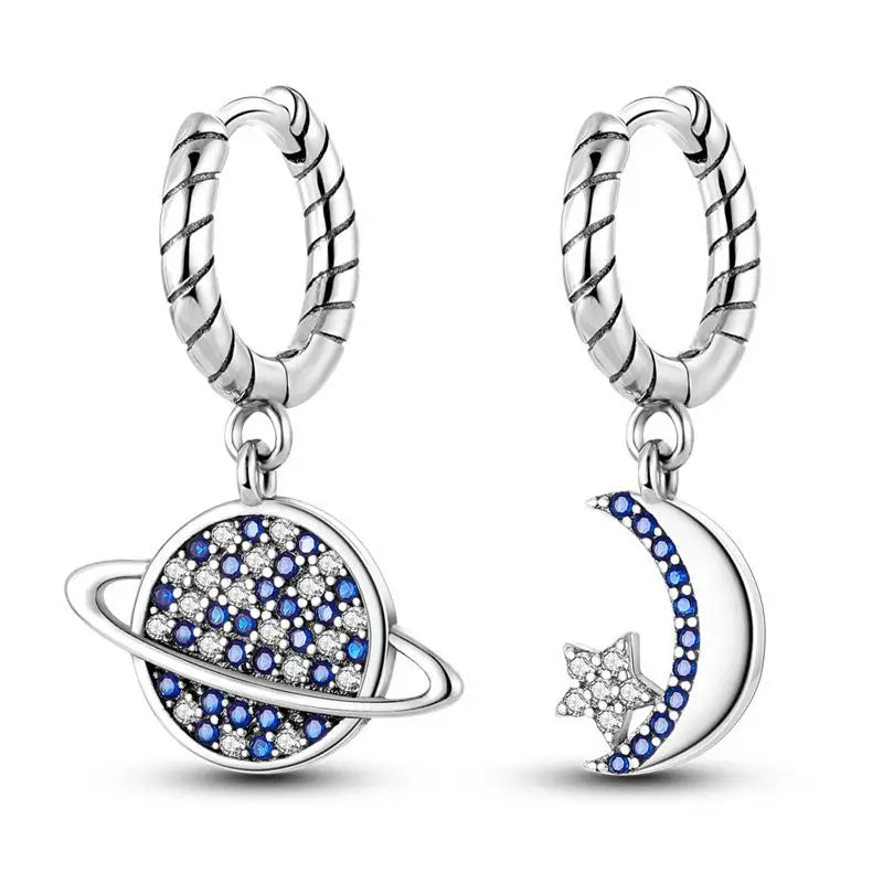 Sterling Silver S925 Blue Planet Moon Zircon Earrings