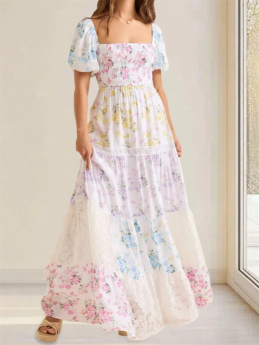 Elegant Floral Print Short Sleeve A-Line Dress