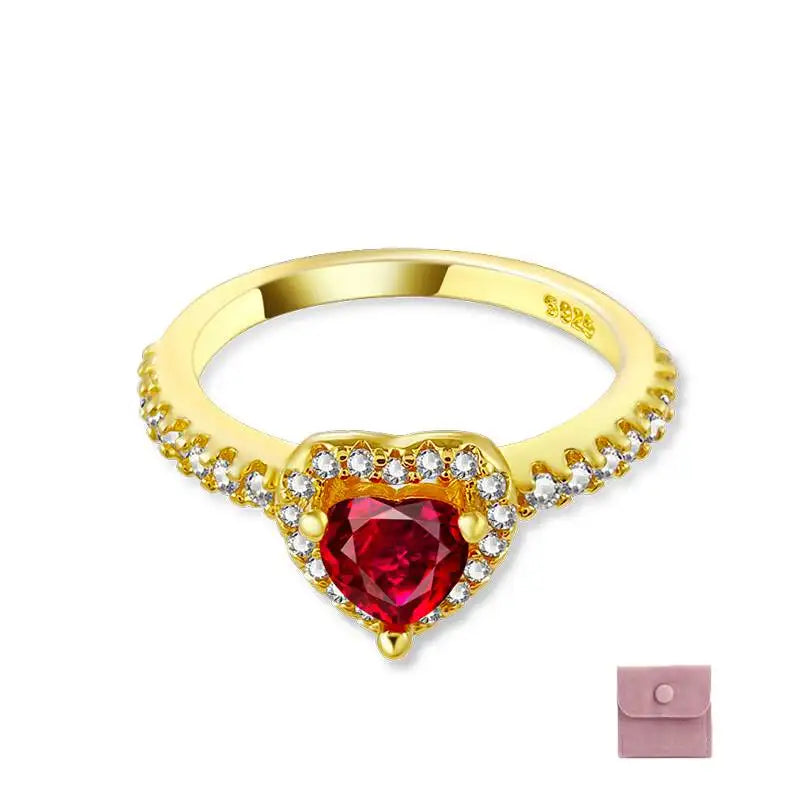 Women 925 Sterling Silver Red Ocean Heart Zircon Rings