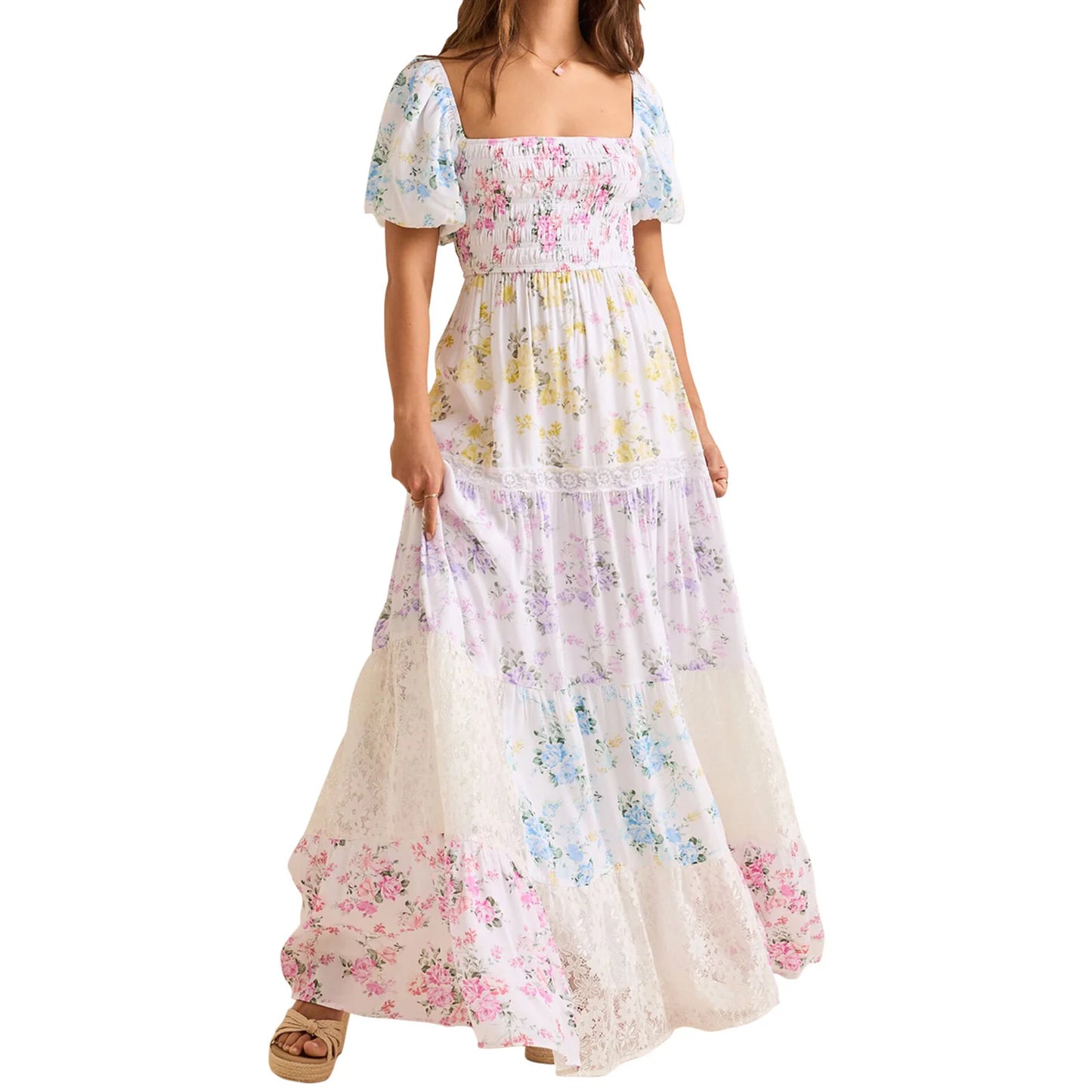 Elegant Floral Print Short Sleeve A-Line Dress