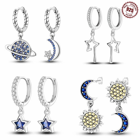 Sterling Silver S925 Blue Planet Moon Zircon Earrings