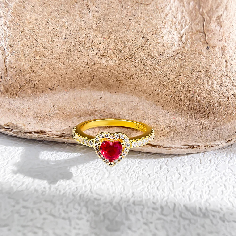 Women 925 Sterling Silver Red Ocean Heart Zircon Rings
