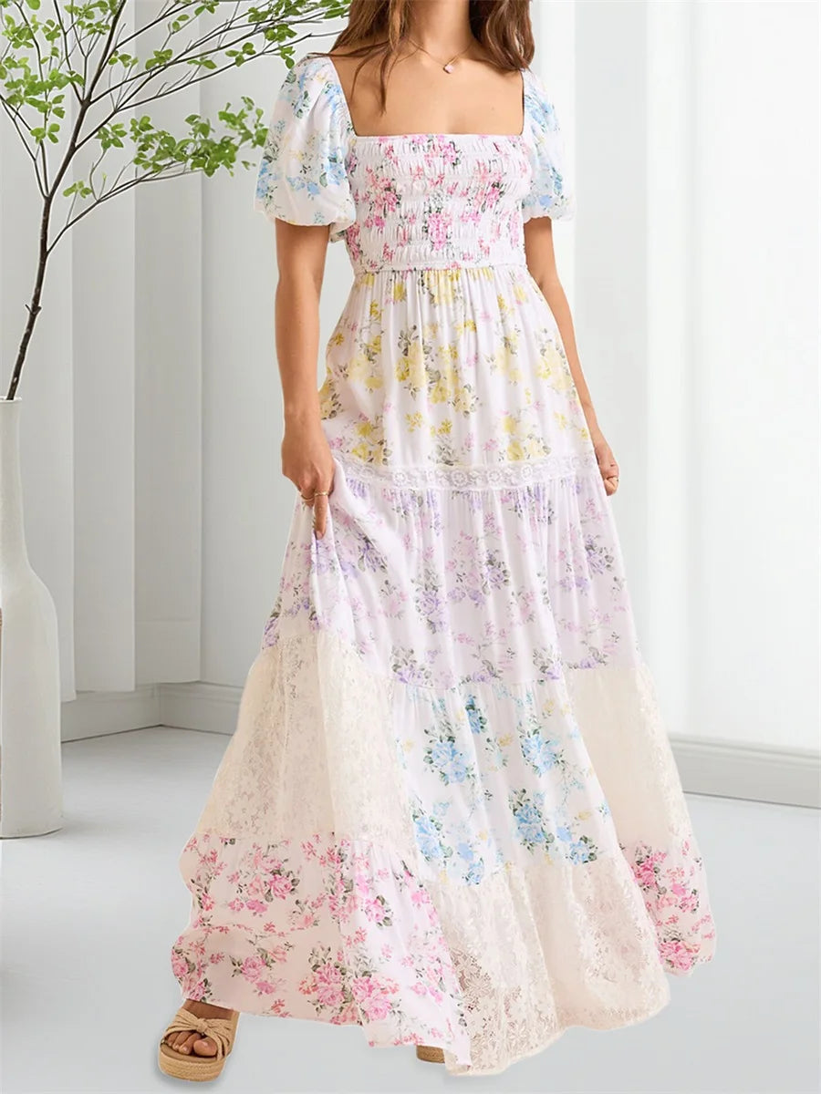 Elegant Floral Print Short Sleeve A-Line Dress