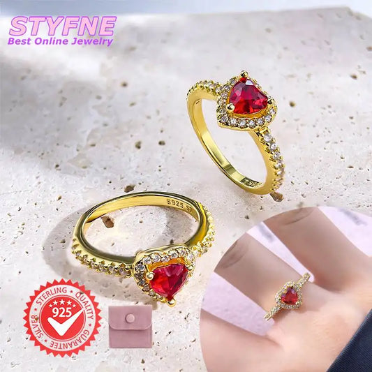 Women 925 Sterling Silver Red Ocean Heart Zircon Rings